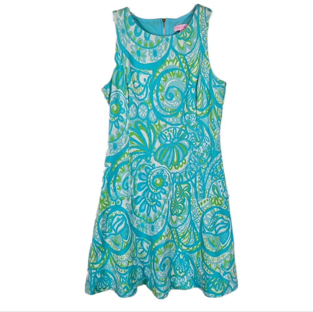 Lilly Pulitzer Dress Seaspray Knit Jacquard Womens Drop Waist Blue Green Preppy